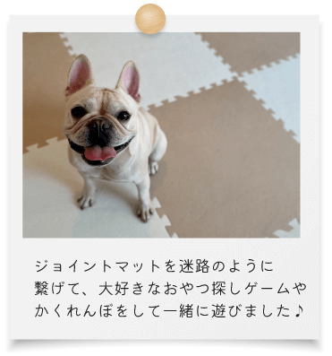 ジョイントマットを迷路のように繋げて、大好きなおやつ探しゲームやかくれんぼをして一緒に遊びました。