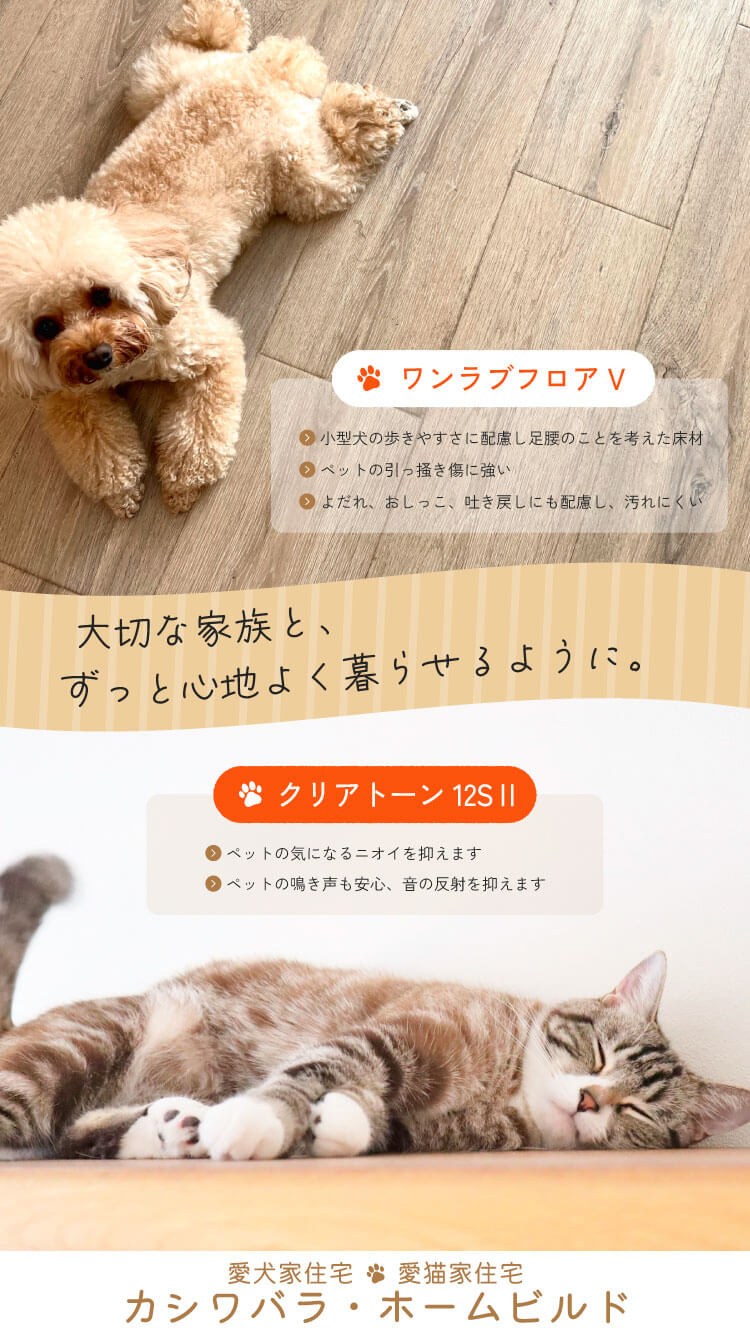 大切な家族と、ずっと心地よく暮らせるように。足腰にやさしく、キズ・音・ニオイにも強い空間づくりを。